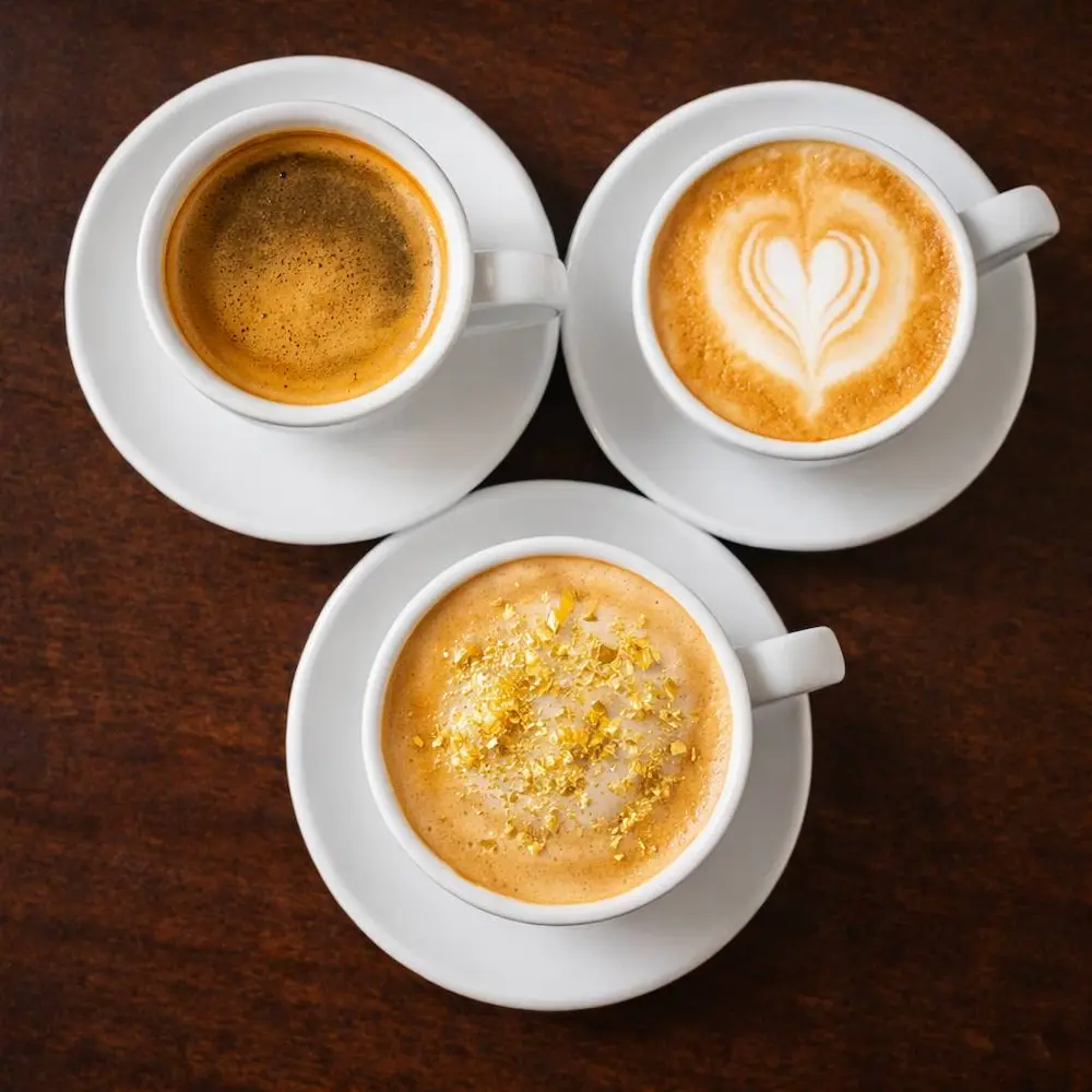 three cups of coffee with latte art on wooden table at Kings Afro Barbershop in JVC Dubai
