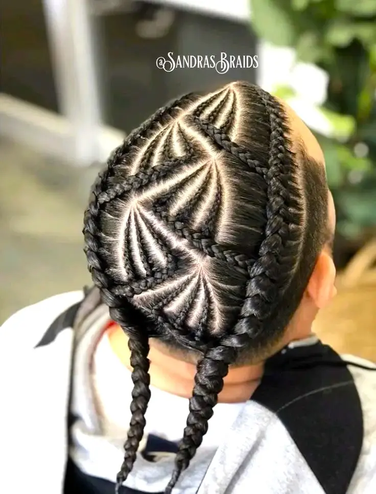 intricate cornrow braids hairstyle from top view in barber shop professional braiding style