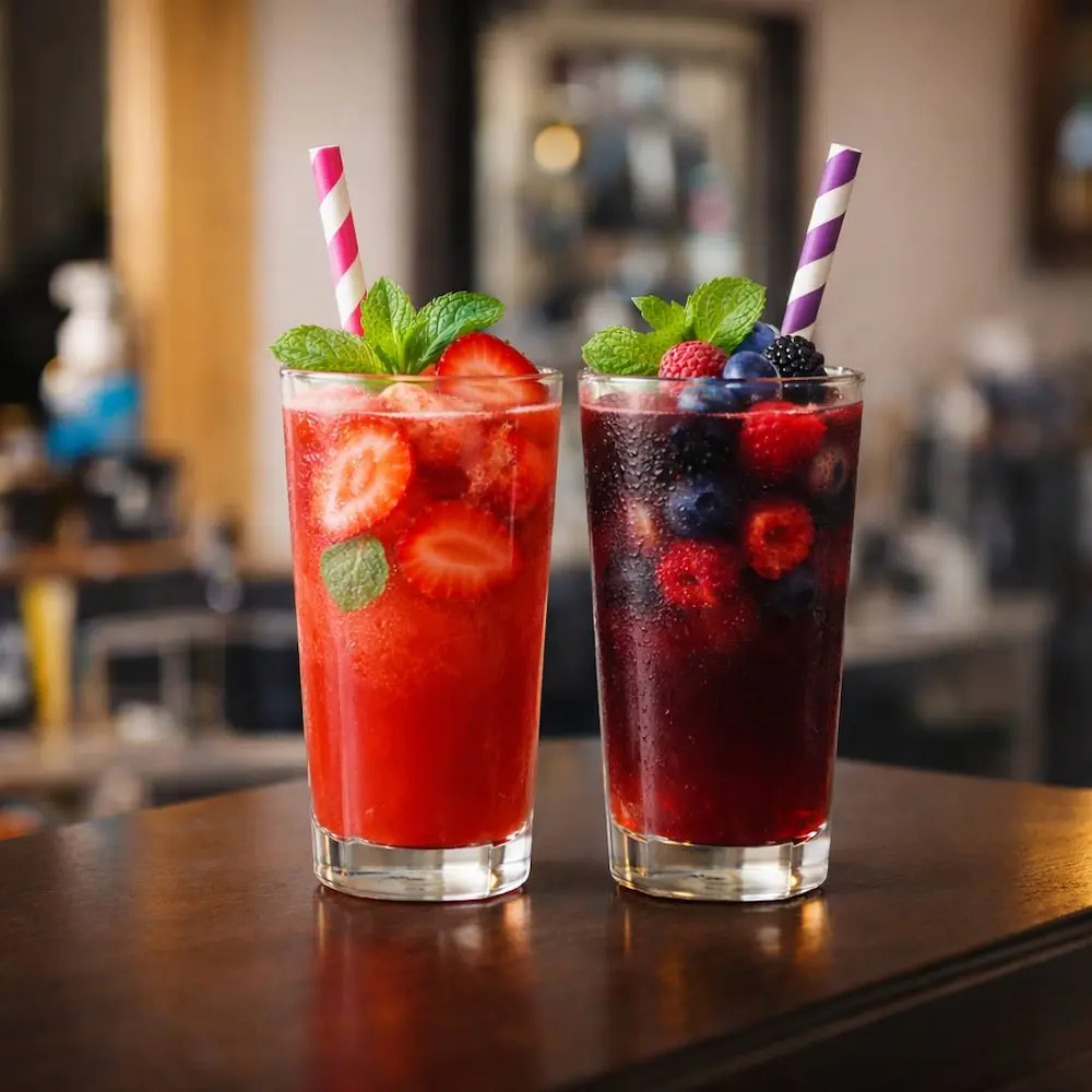 two refreshing fruit drinks with strawberries, berries and mint served in glasses with straws on a table in a barbershop