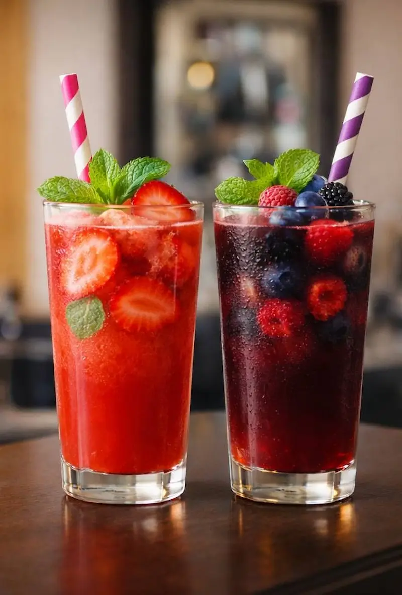 two refreshing fruit drinks with strawberries, berries and mint served in glasses with straws on a table in a barbershop