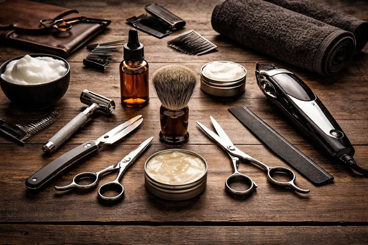 professional barber tools including scissors, clippers, razor, brush and grooming products arranged on a wooden table