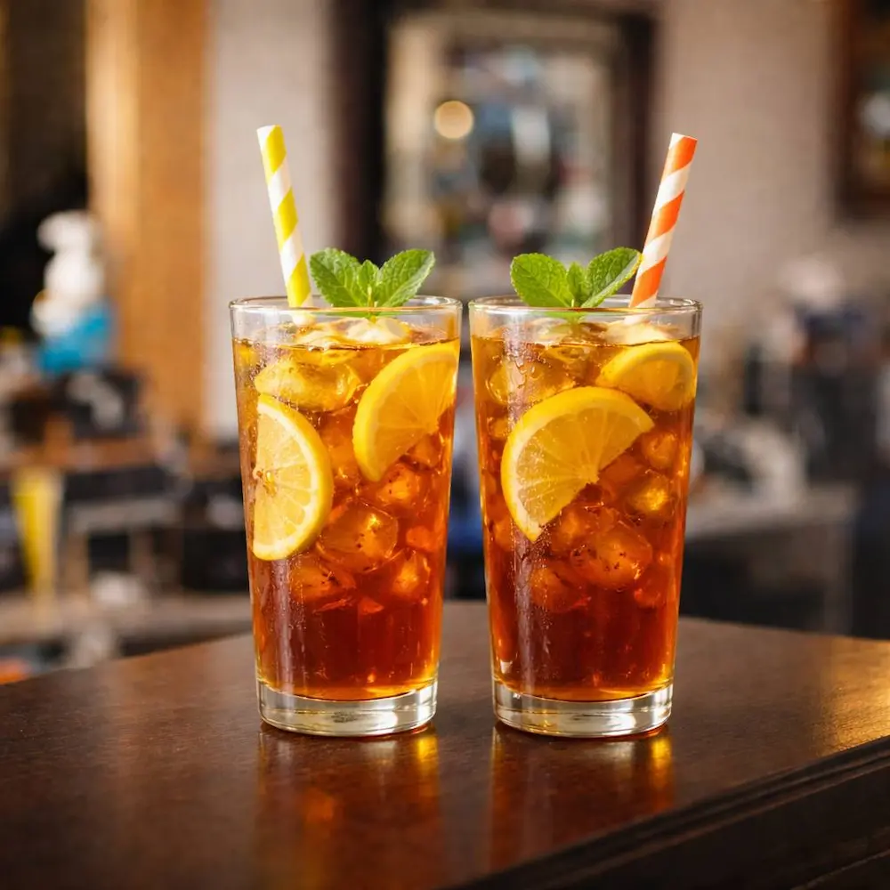 two glasses of iced tea with lemon slices, mint leaves and straws served on a table in a barbershop